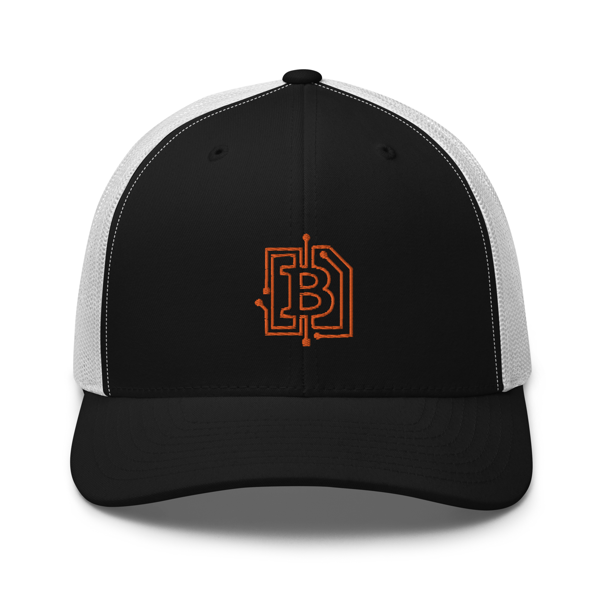 Front view of a black and white bitcoin trucker cap.