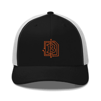Front view of a black and white bitcoin trucker cap.