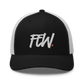 Front view of a black and white bitcoin trucker cap.