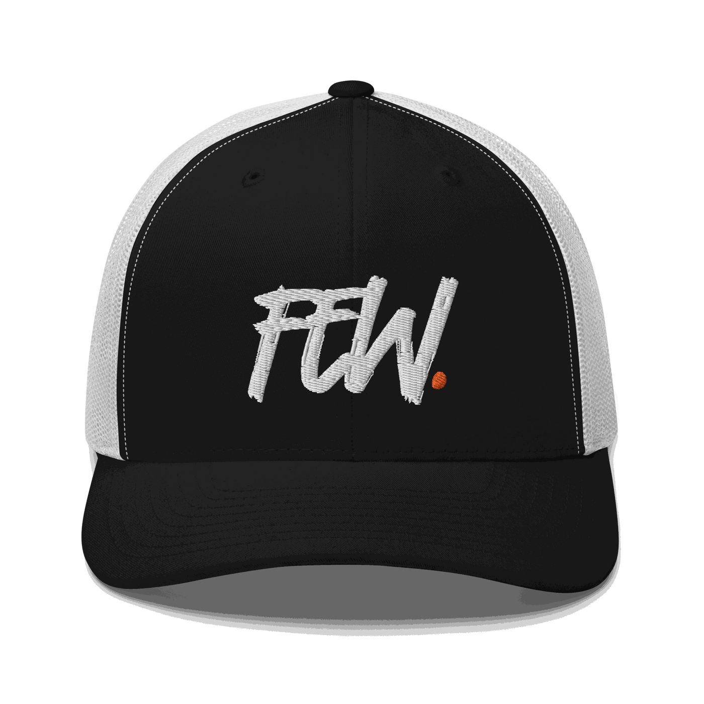 Front view of a black and white bitcoin trucker cap.