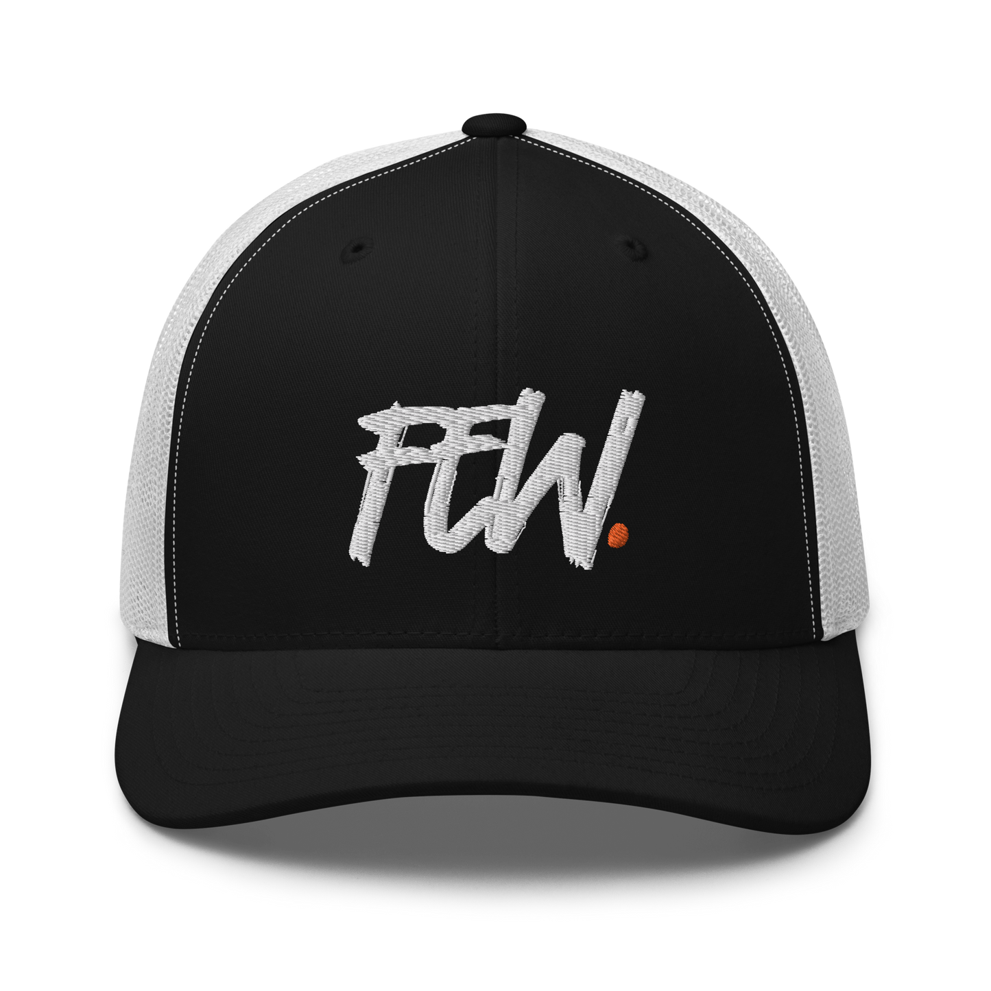 Front view of a black and white bitcoin trucker cap.