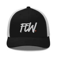 Front view of a black and white bitcoin trucker cap.