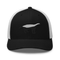 Front view of a black and white bitcoin trucker cap.