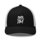 Front view of a black and white bitcoin trucker cap.