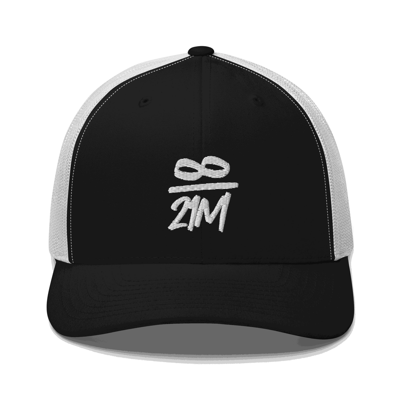 Front view of a black and white bitcoin trucker cap.