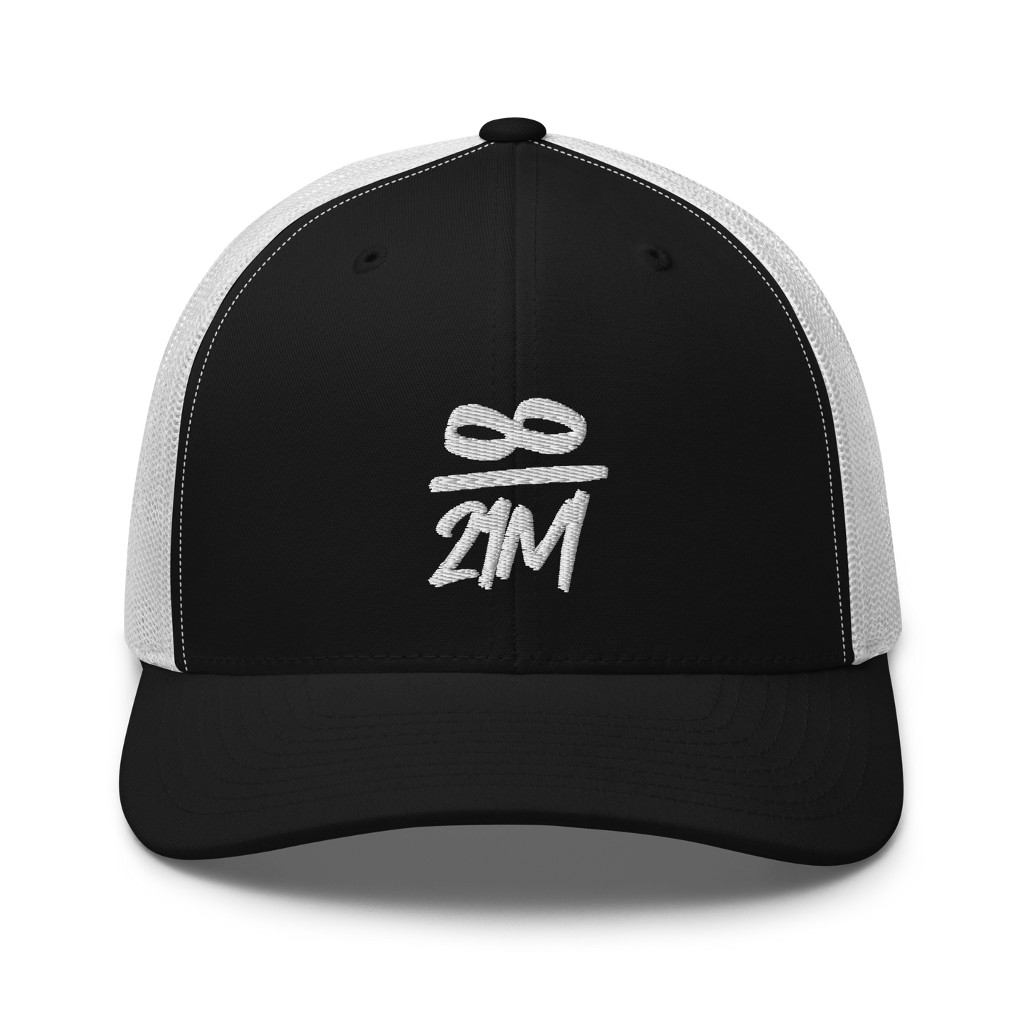 Front view of a black and white bitcoin trucker cap.