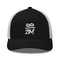 Front view of a black and white bitcoin trucker cap.