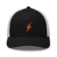 Front view of a black and white bitcoin trucker cap.