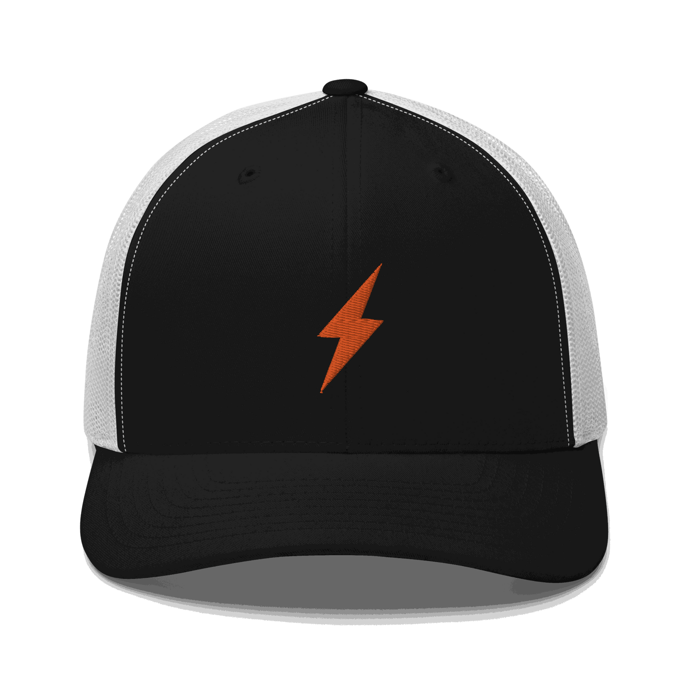 Black six-panel Lightning Bitcoin trucker cap with mesh back and adjustable closure