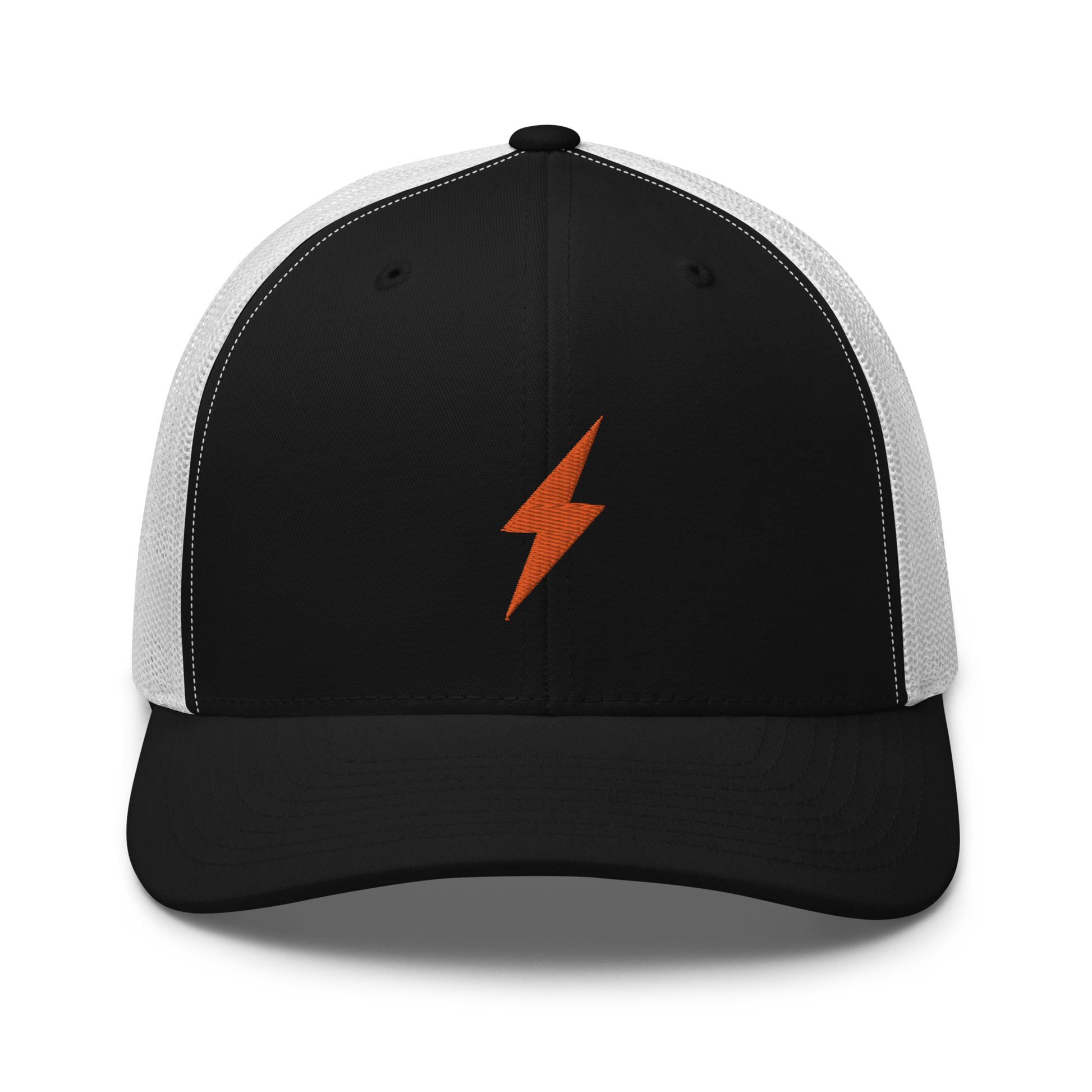 Front view of a black and white bitcoin trucker cap.