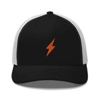 Black six-panel Lightning Bitcoin trucker cap with mesh back and adjustable closure