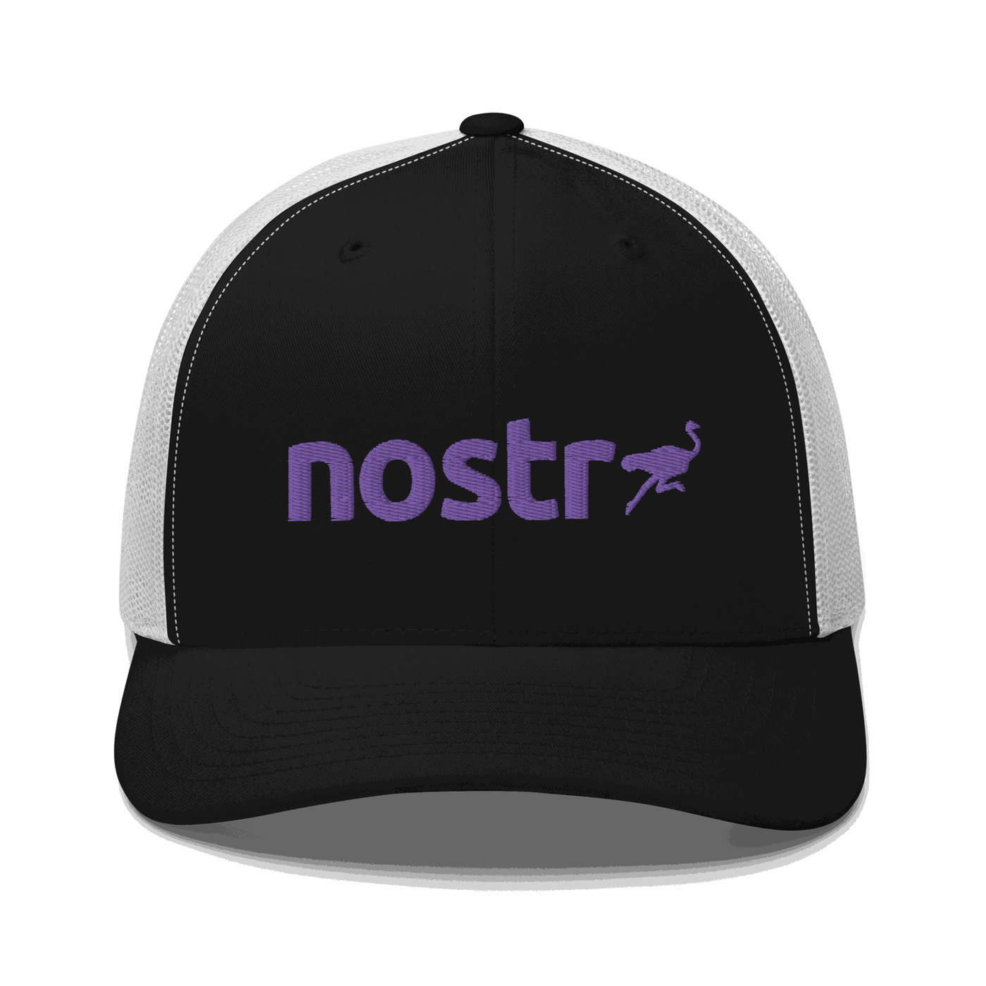 Front view of a black and white bitcoin trucker cap.