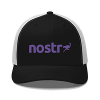 Front view of a black and white bitcoin trucker cap.