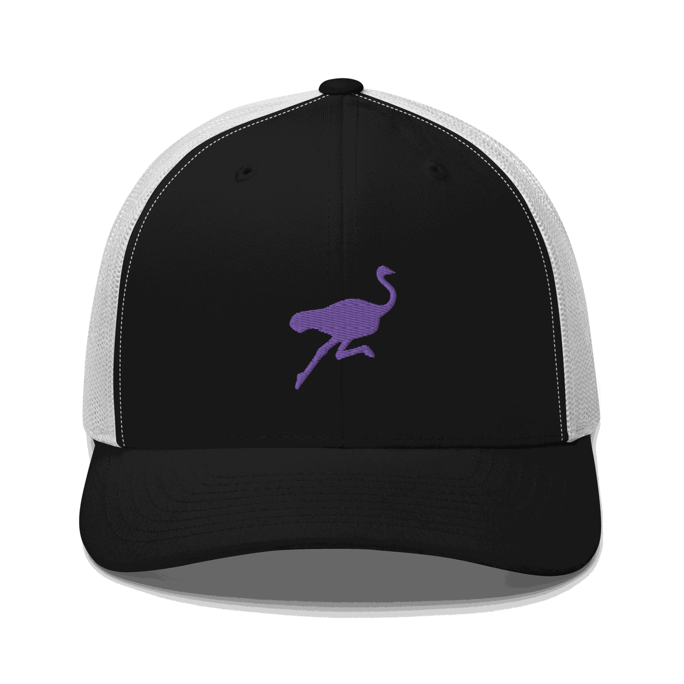 Front view of a black and white bitcoin trucker cap.