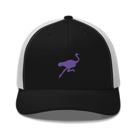 Front view of a black and white bitcoin trucker cap.