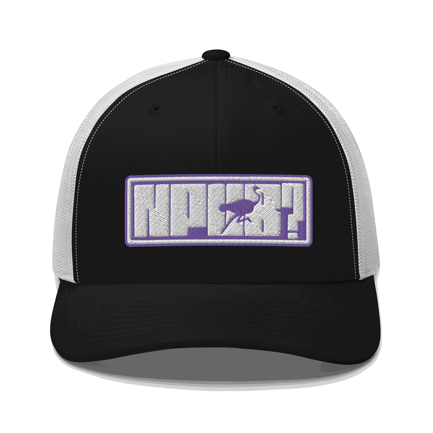 Front view of a black and white bitcoin trucker cap.