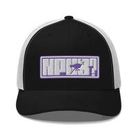 Front view of a black and white bitcoin trucker cap.