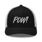 Front view of a black and white bitcoin trucker cap.