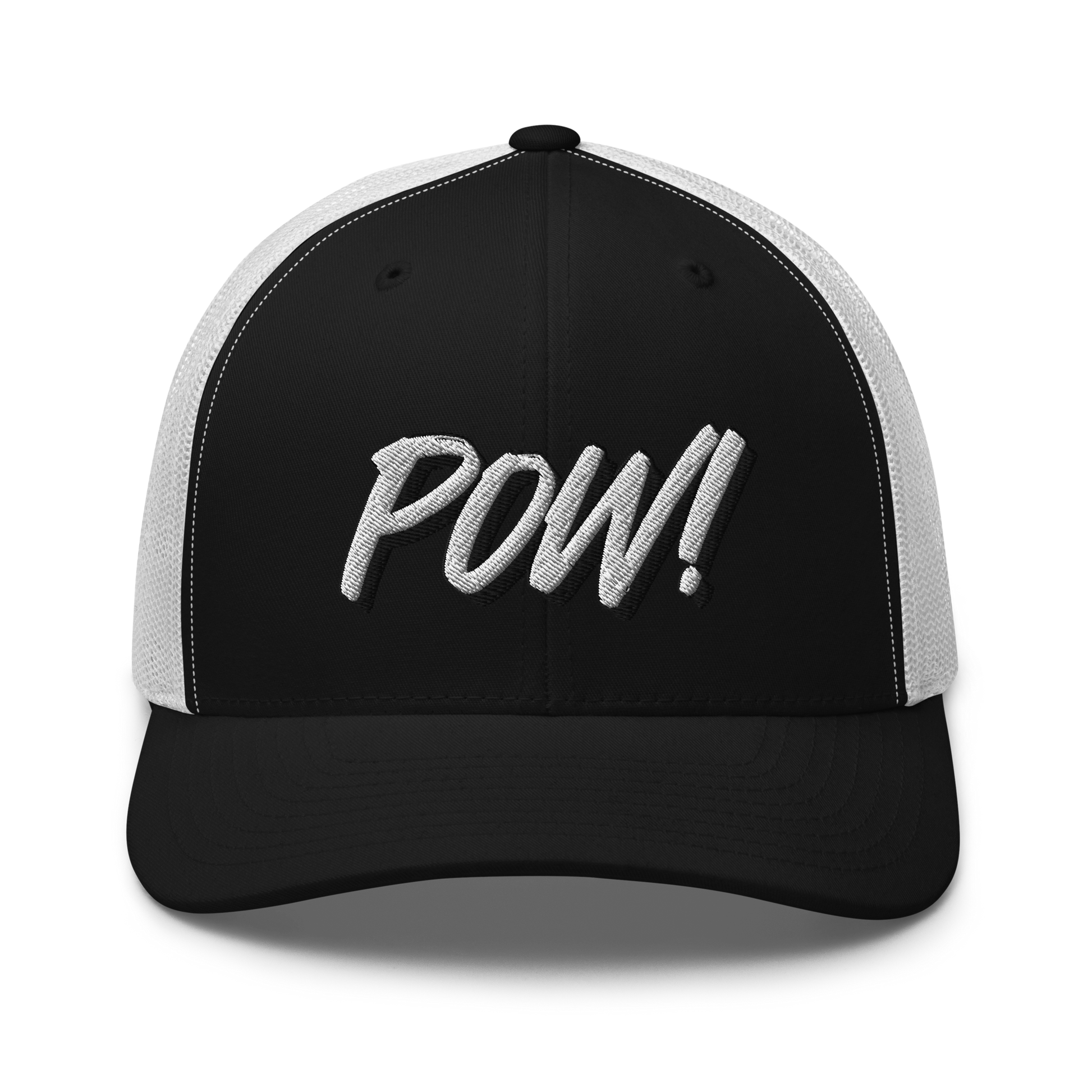 Front view of a black and white bitcoin trucker cap.