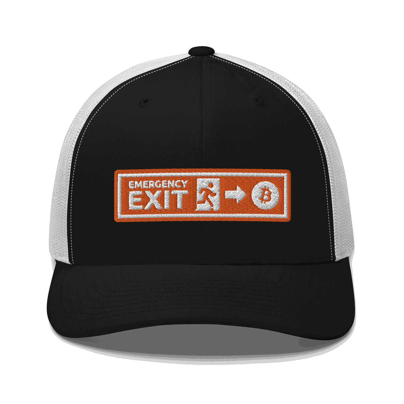 Front view of a black and white bitcoin trucker cap.