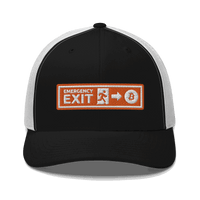 Front view of a black and white bitcoin trucker cap.