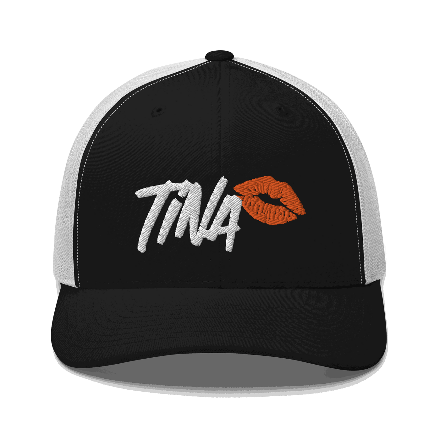 Front view of a black and white bitcoin trucker cap.