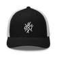 Front view of a black and white bitcoin trucker cap.