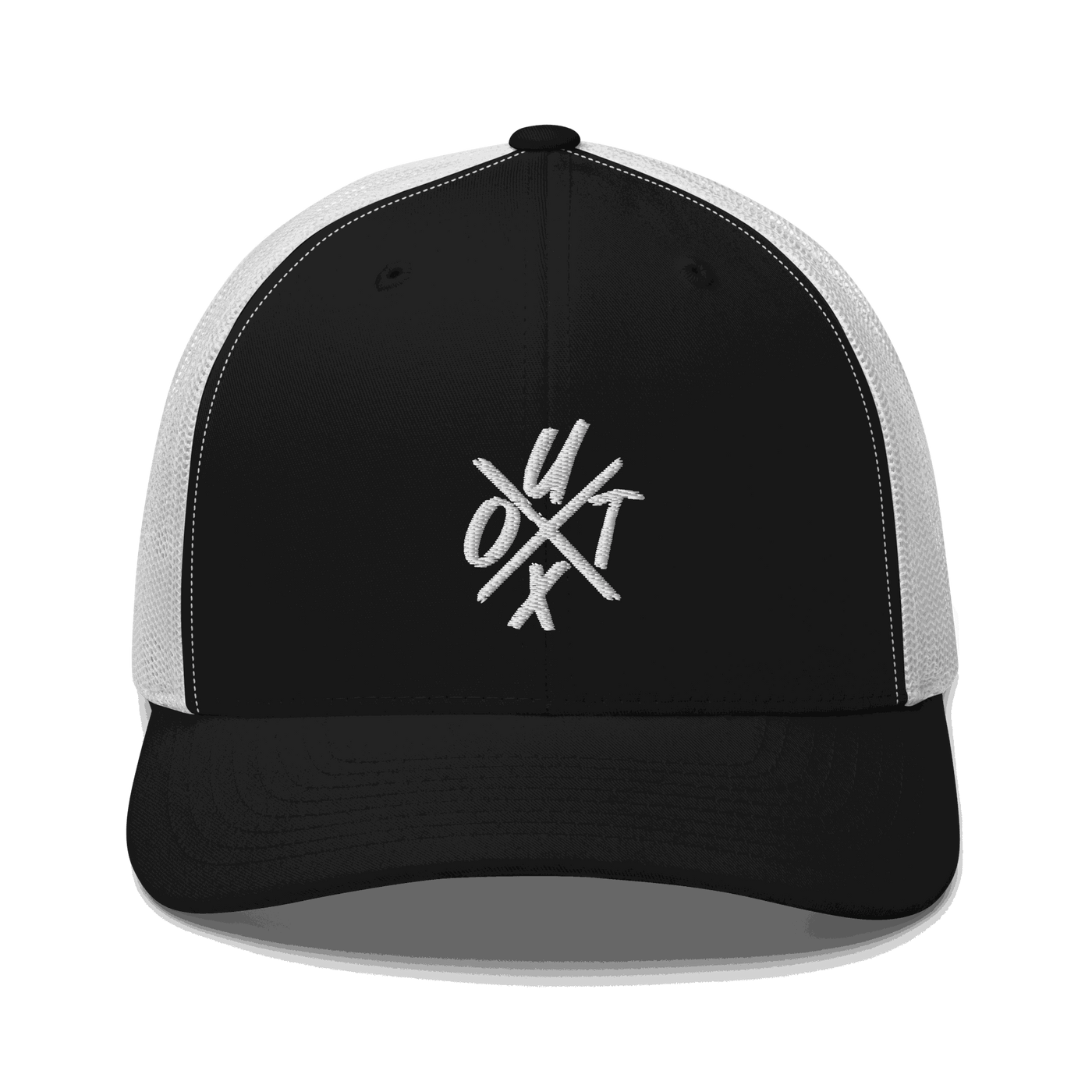 Front view of a black and white bitcoin trucker cap.