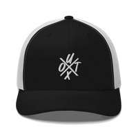 Front view of a black and white bitcoin trucker cap.