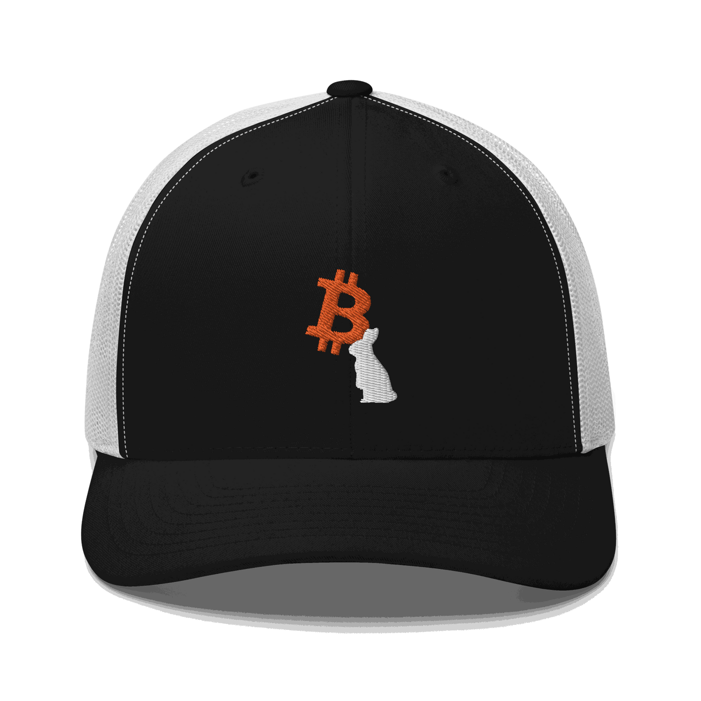Front view of a black and white bitcoin trucker cap.