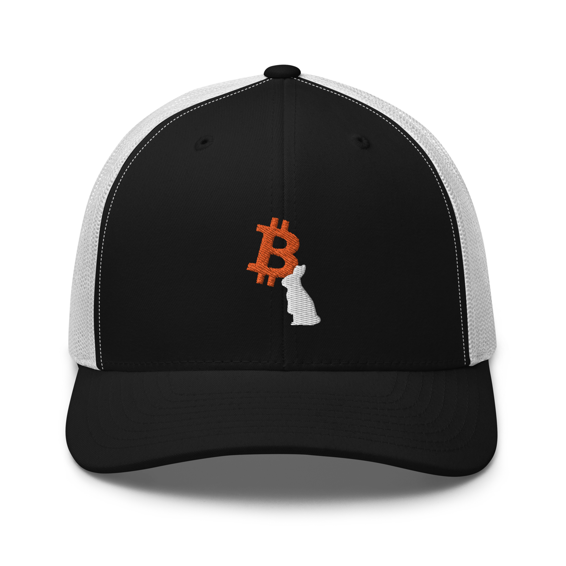 Front view of a black and white bitcoin trucker cap.