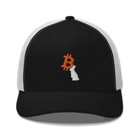 Front view of a black and white bitcoin trucker cap.