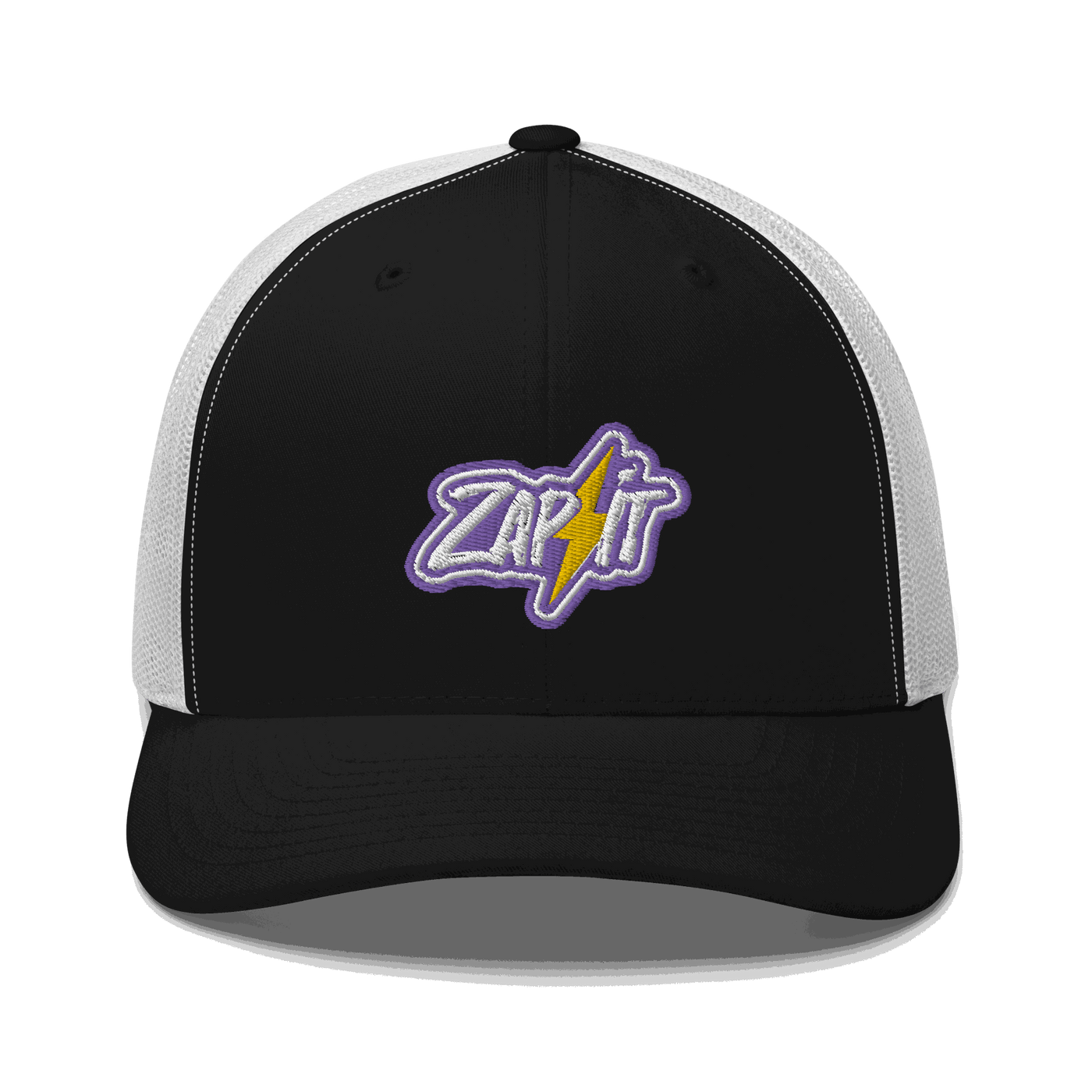 Front view of a black and white bitcoin trucker cap.