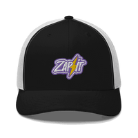 Front view of a black and white bitcoin trucker cap.