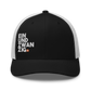 Front view of a black and white bitcoin trucker cap.