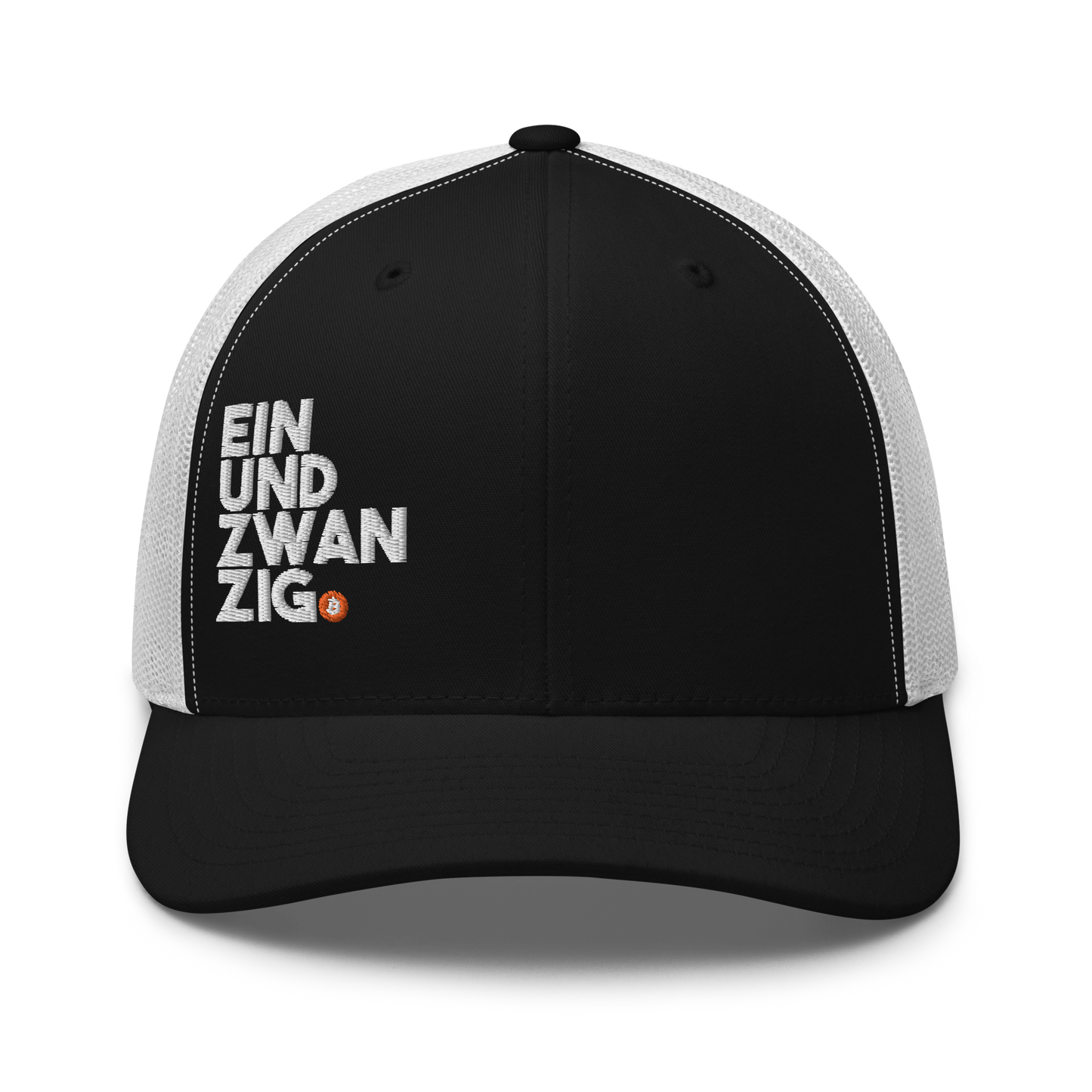 Front view of a black and white bitcoin trucker cap.