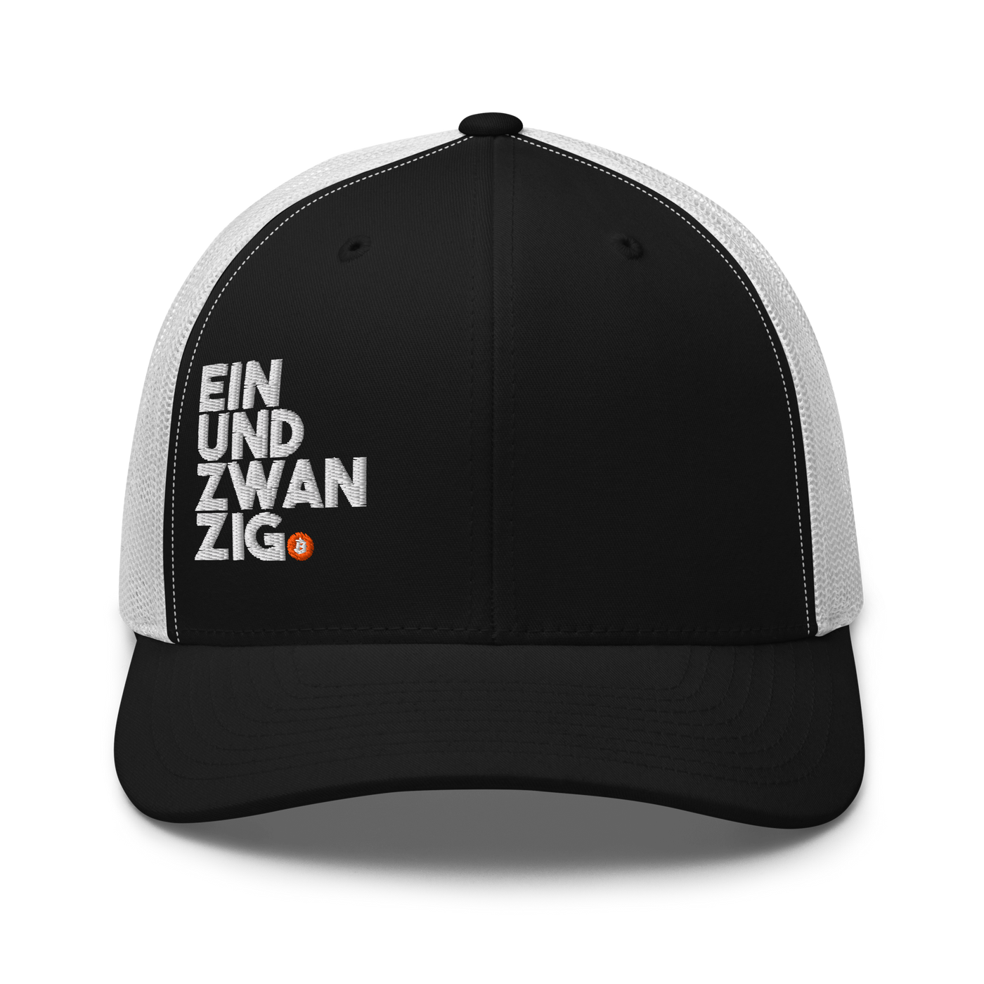 Einundzwanzig bitcoin trucker cap in Black/ White, front view.
