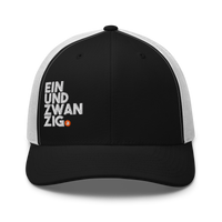 Einundzwanzig bitcoin trucker cap in Black/ White, front view.