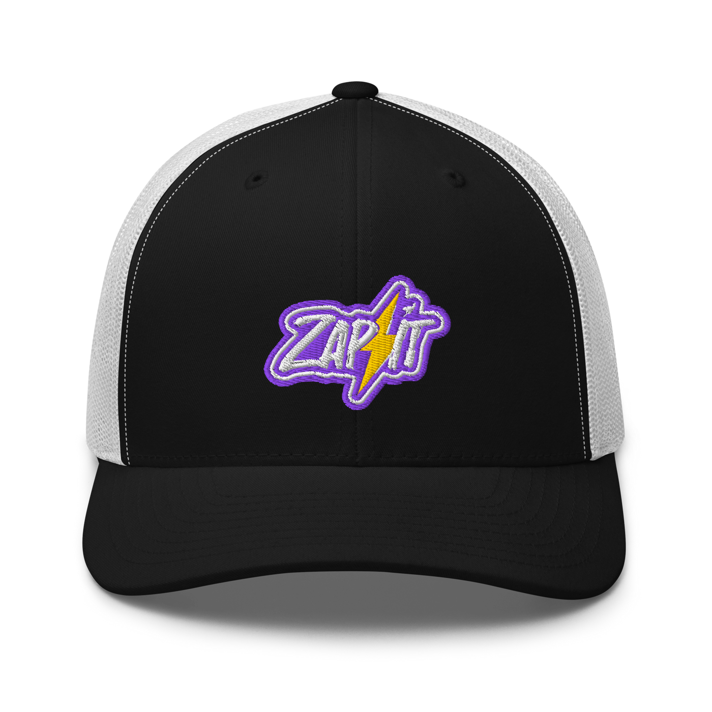 Zap It nostr trucker cap in Black/ White, front view.