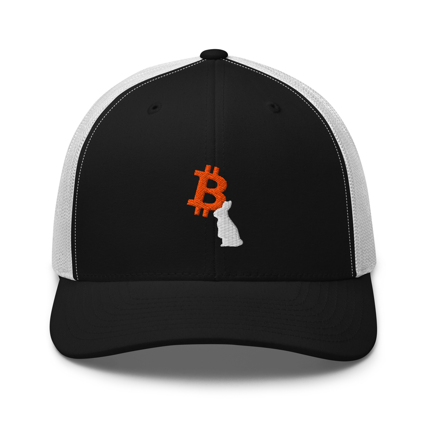 White Rabbit bitcoin trucker cap in Black/ White, front view.