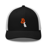 White Rabbit bitcoin trucker cap in Black/ White, front view.