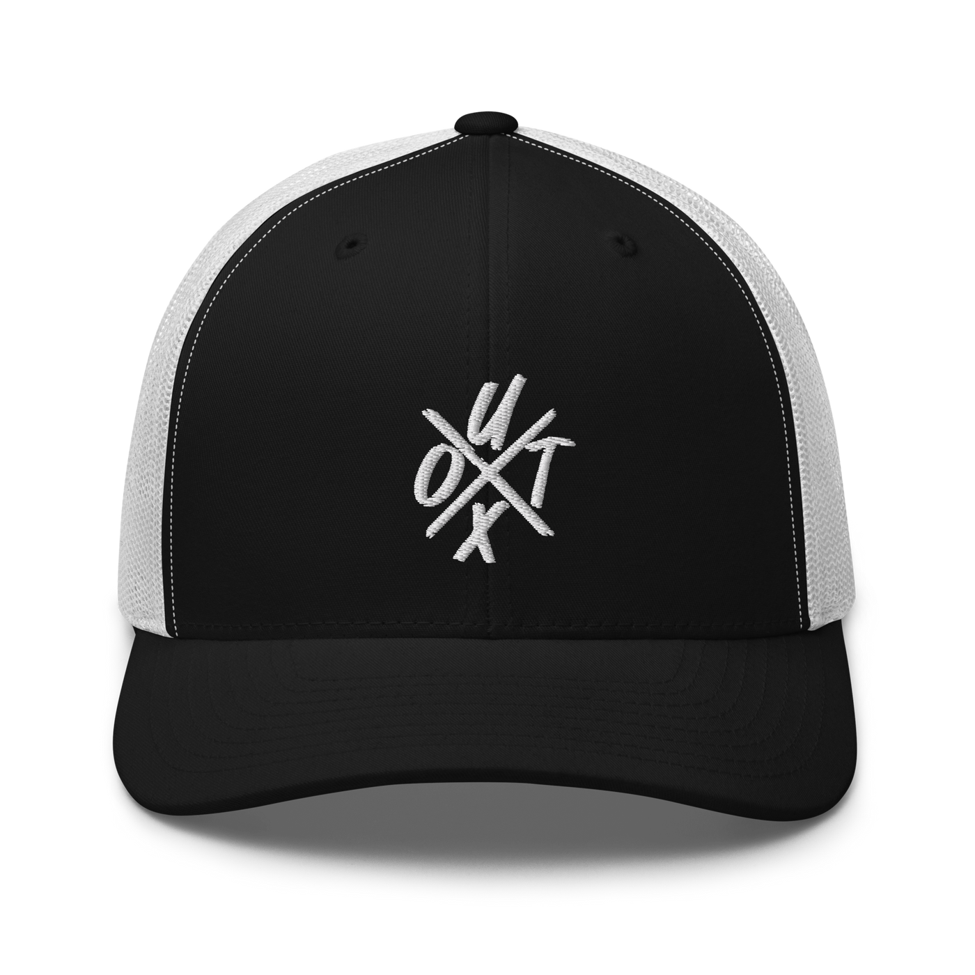 UTXO bitcoin trucker cap in Black/ White, front view.