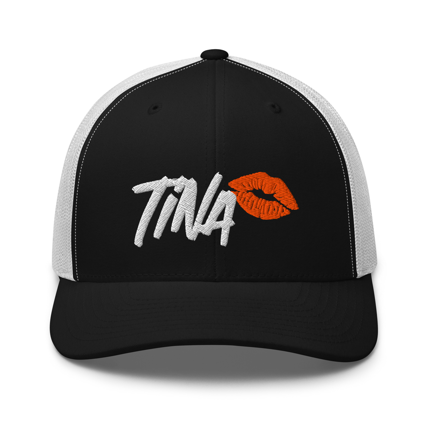 TINA bitcoin trucker cap in Black/ White, front view.