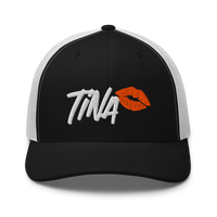 TINA bitcoin trucker cap in Black/ White, front view.