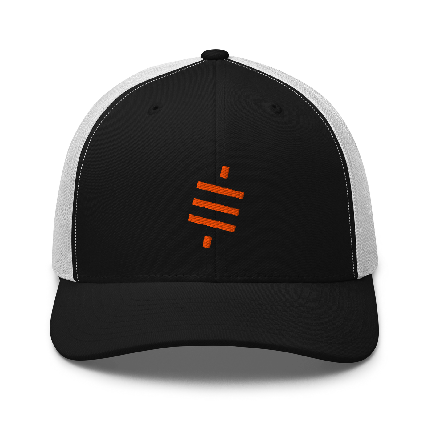 Sats symbol bitcoin trucker cap in Black/ White, front view.