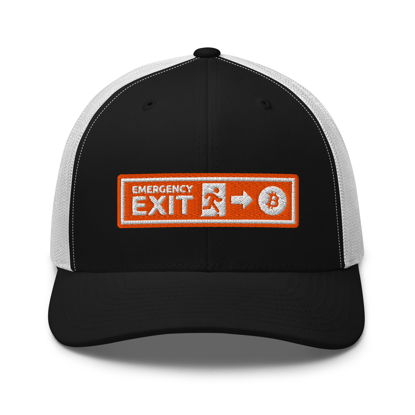 Emergency Exit bitcoin trucker cap in Black/ White, front view.