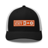 Emergency Exit bitcoin trucker cap in Black/ White, front view.