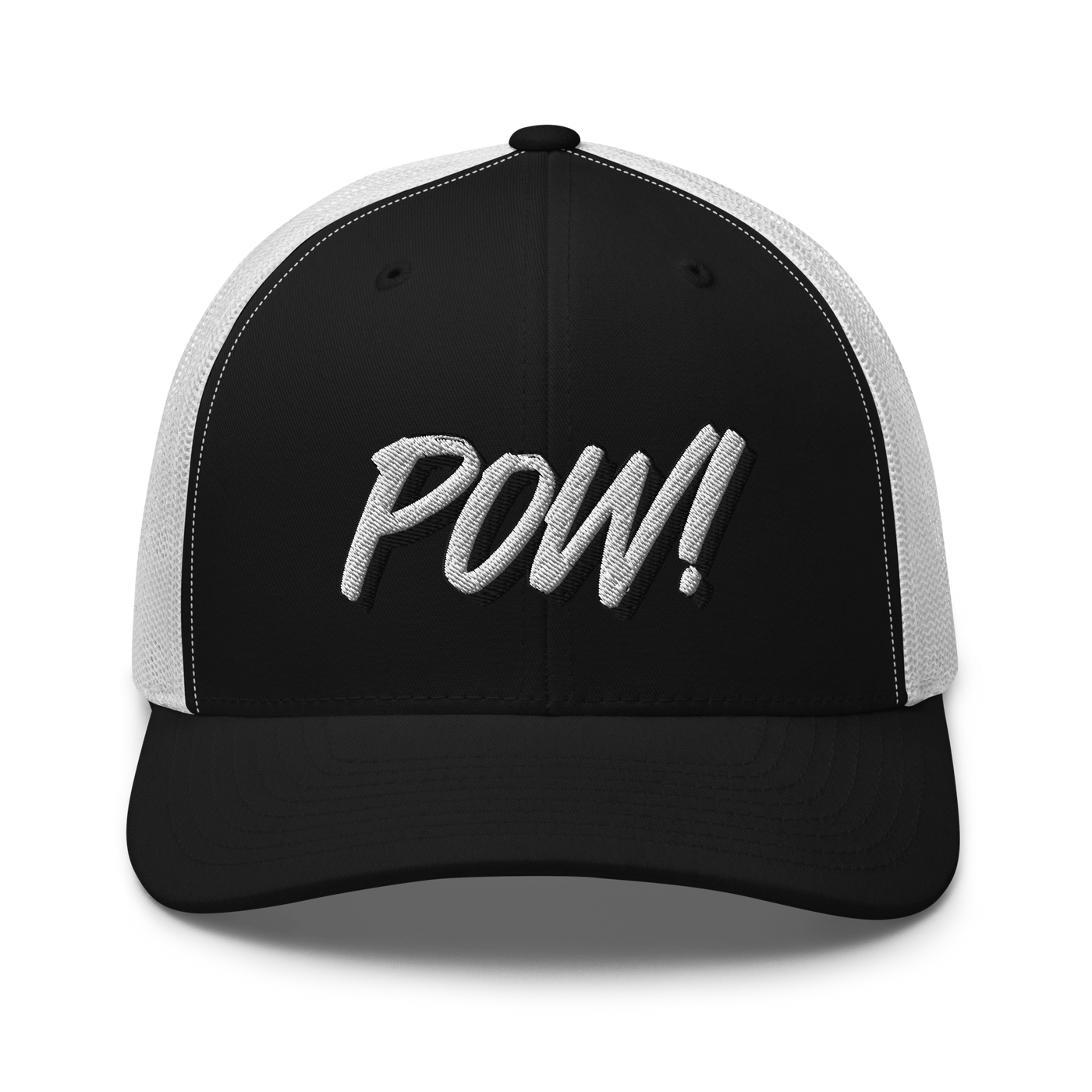 POW! bitcoin trucker cap in Black/ White, front view.