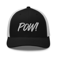 POW! bitcoin trucker cap in Black/ White, front view.