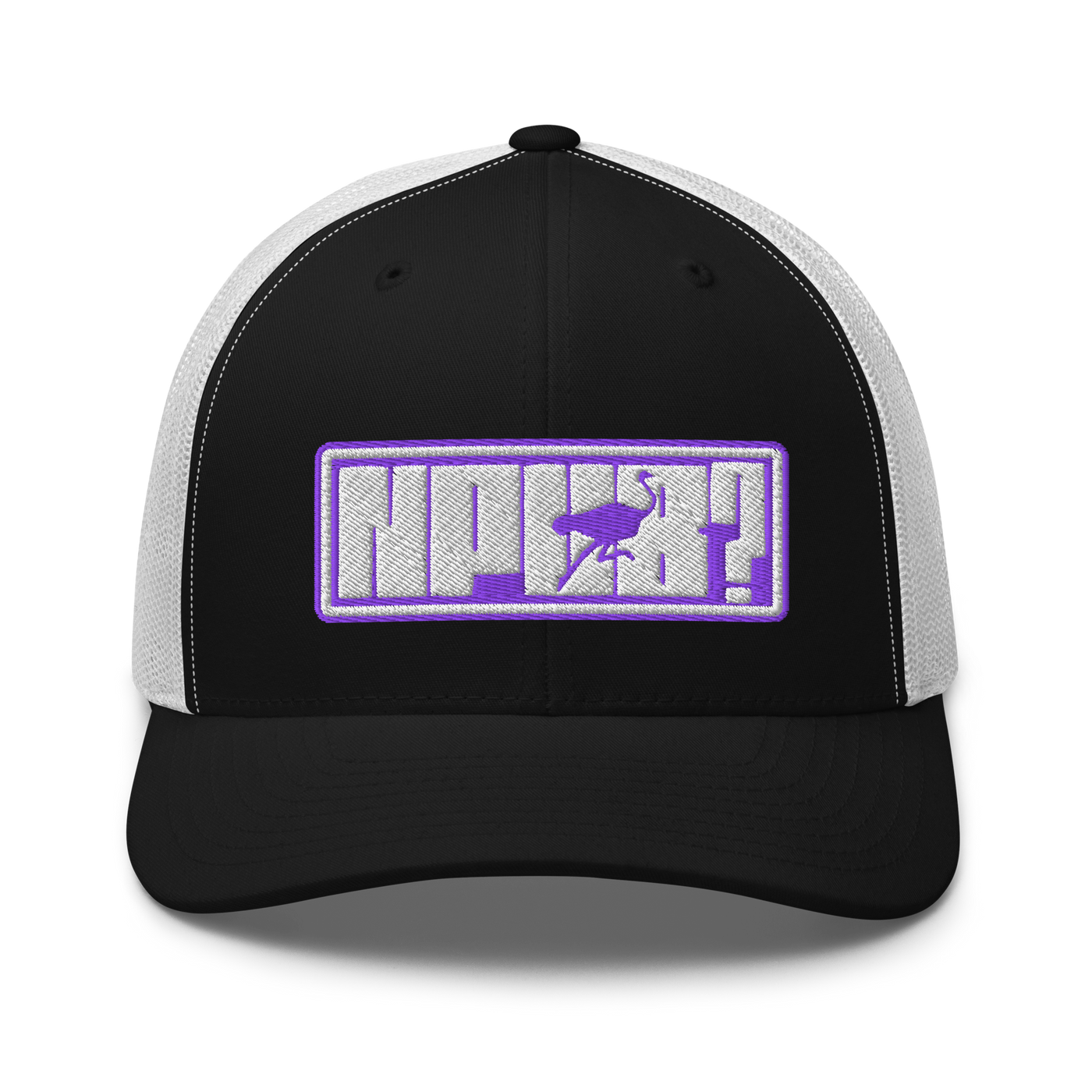 nPub? nostr trucker cap in Black/ White, front view.